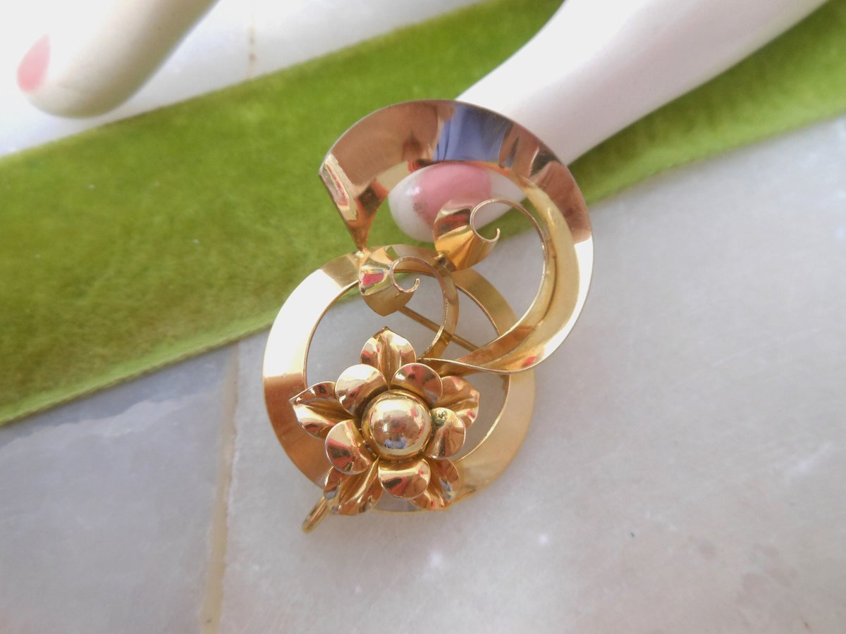 Vintage JMS Brooch Gold Fill Designer Pin Flower Pendant Swirl Ribbon GF Mid Century Jewelry Gift, VivianJoel.com