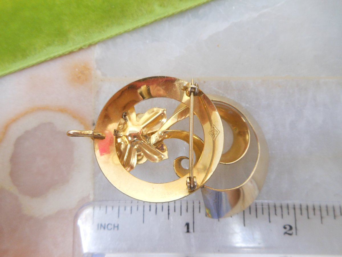 Vintage JMS Brooch Gold Fill Designer Pin Flower Pendant Swirl Ribbon GF Mid Century Jewelry Gift, VivianJoel.com