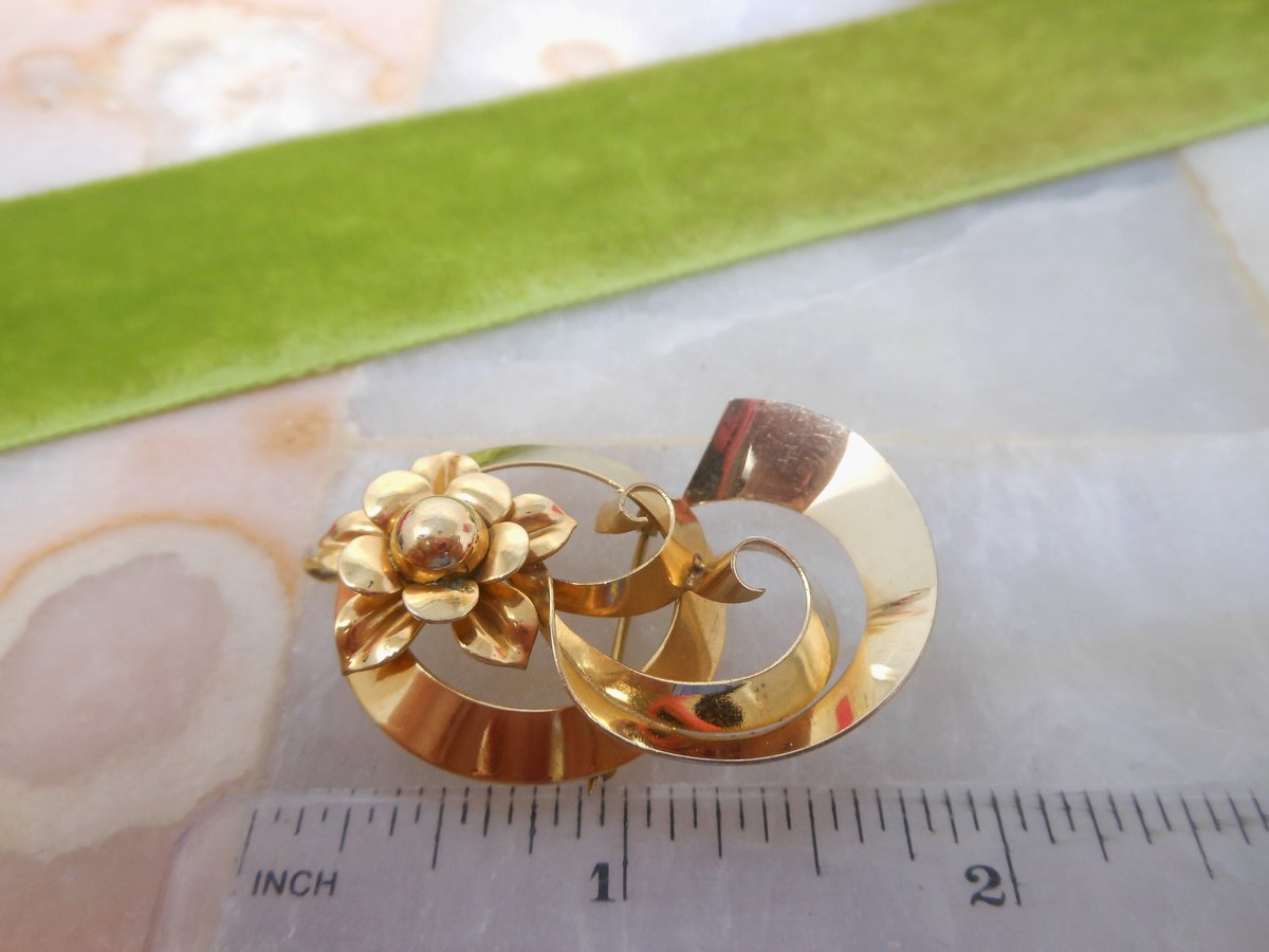 Vintage JMS Brooch Gold Fill Designer Pin Flower Pendant Swirl Ribbon GF Mid Century Jewelry Gift, VivianJoel.com