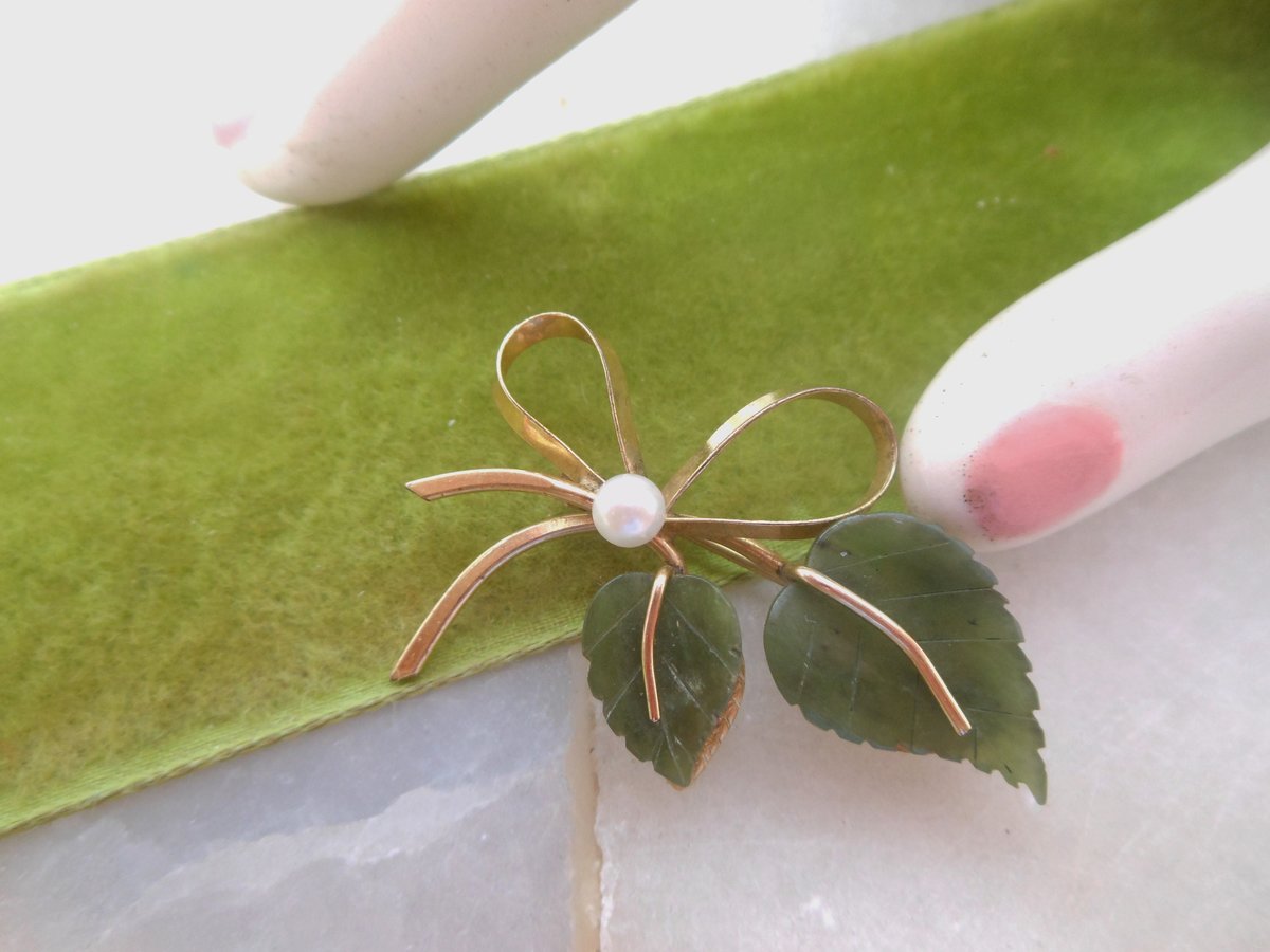 Vintage WELLS Jade Brooch Leaf Pearl Designer Pin Gold Fill Bow GF Petite Mid Century Jewelry Gift, VivianJoel.com