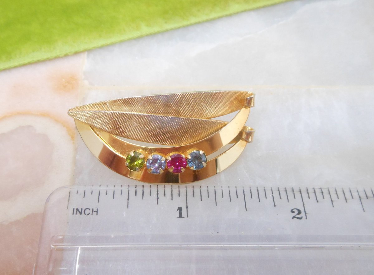 Vintage Designer Gold Fill Pin Brooch Fruit Salad Crystal Rhinestone Leaf GF Mid Century Jewelry Gift, VivianJoel.com