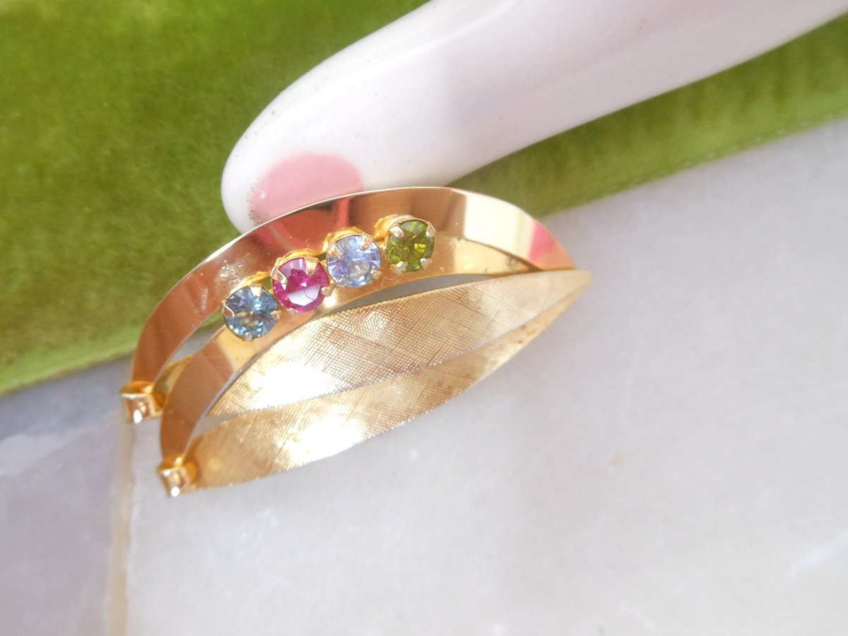 Vintage Designer Gold Fill Pin Brooch Fruit Salad Crystal Rhinestone Leaf GF Mid Century Jewelry Gift, VivianJoel.com