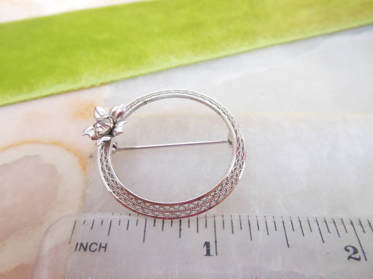 Vintage STERLING SILVER Brooch Designer HEDY Crystal Pin Circle Wreath 925 Mid Century Jewelry Gift, VivianJoel.com