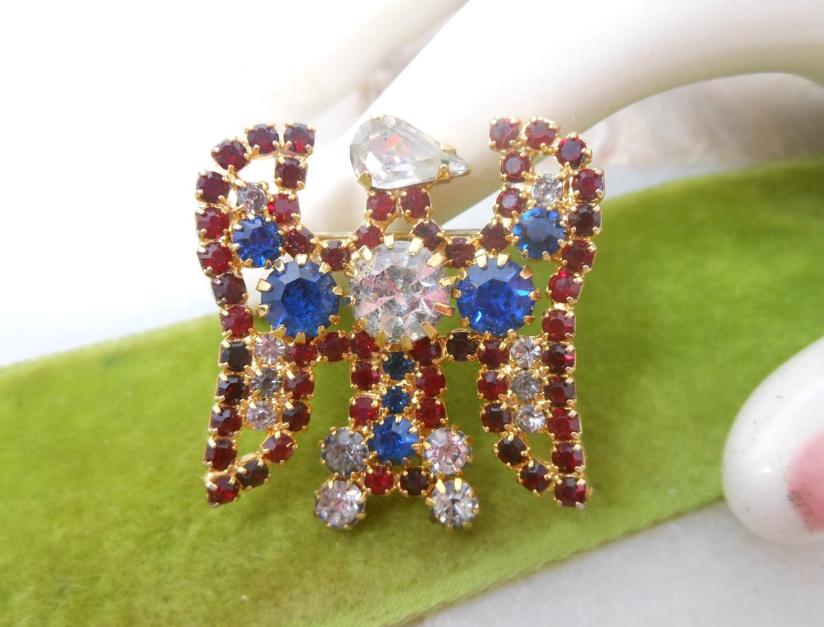 Vintage HOBE Rhinestone Eagle Bird Brooch Crystal Patriotic Pin July 4th Red White Blue Designer Mid Century Jewelry Gift, VivianJoel.com