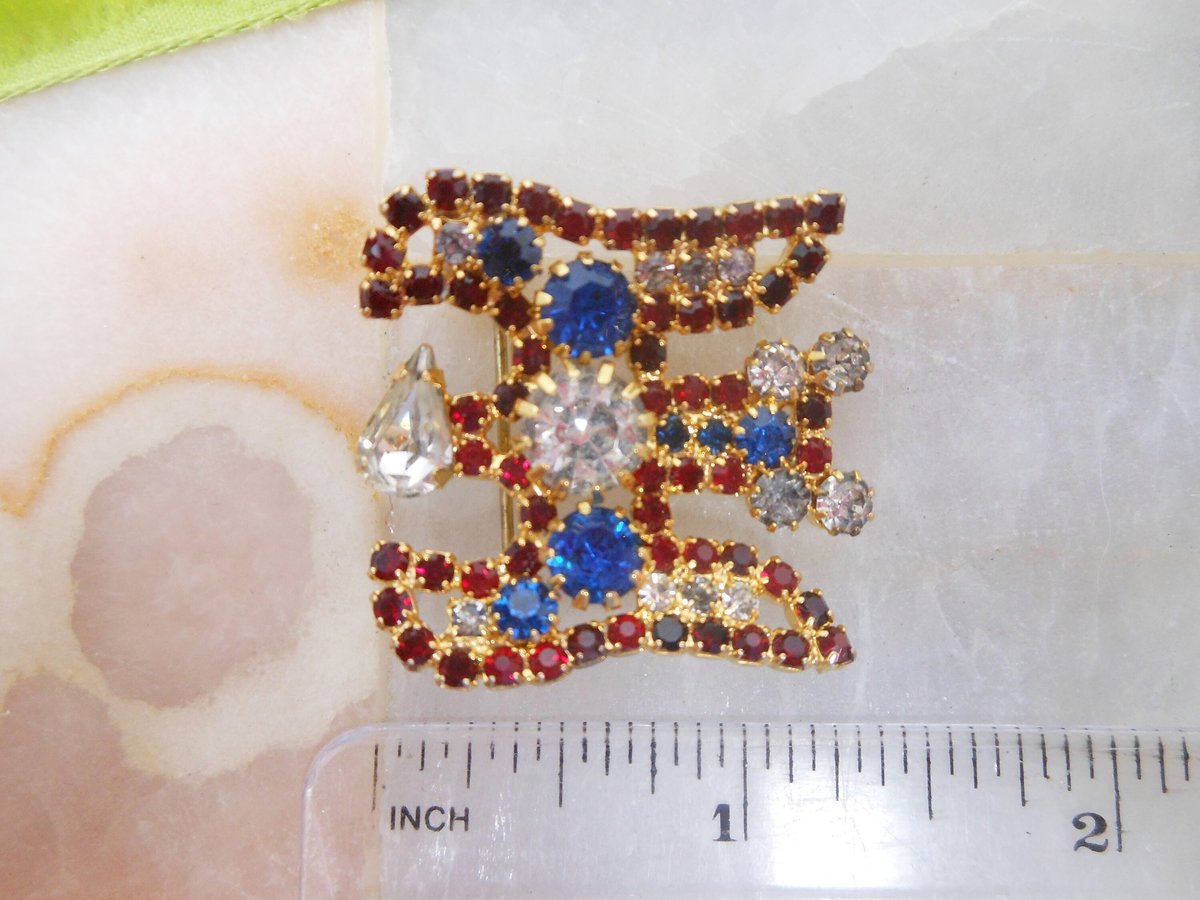 Vintage HOBE Rhinestone Eagle Bird Brooch Crystal Patriotic Pin July 4th Red White Blue Designer Mid Century Jewelry Gift, VivianJoel.com