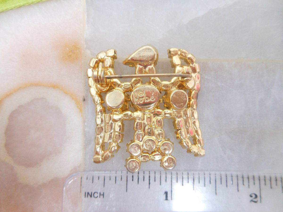 Vintage HOBE Rhinestone Eagle Bird Brooch Crystal Patriotic Pin July 4th Red White Blue Designer Mid Century Jewelry Gift, VivianJoel.com