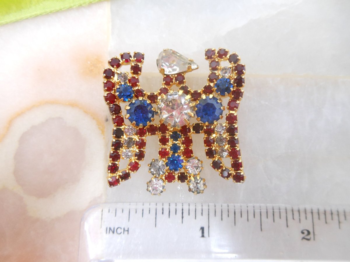 Vintage HOBE Rhinestone Eagle Bird Brooch Crystal Patriotic Pin July 4th Red White Blue Designer Mid Century Jewelry Gift, VivianJoel.com