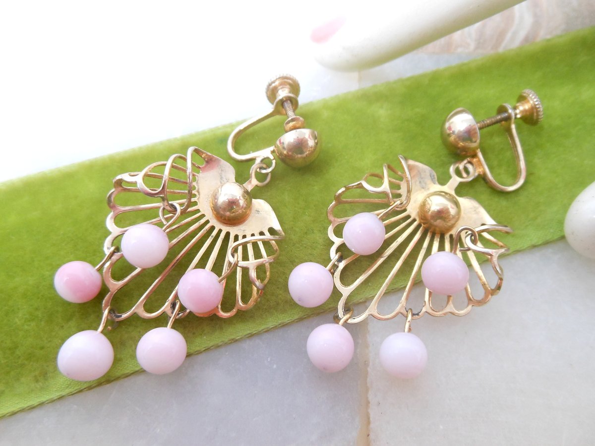 Vintage Pink Glass Earrings Dangle Drop Bead Screw Back Swingy Mod Jewelry Gift Mid Century, VivianJoel.com