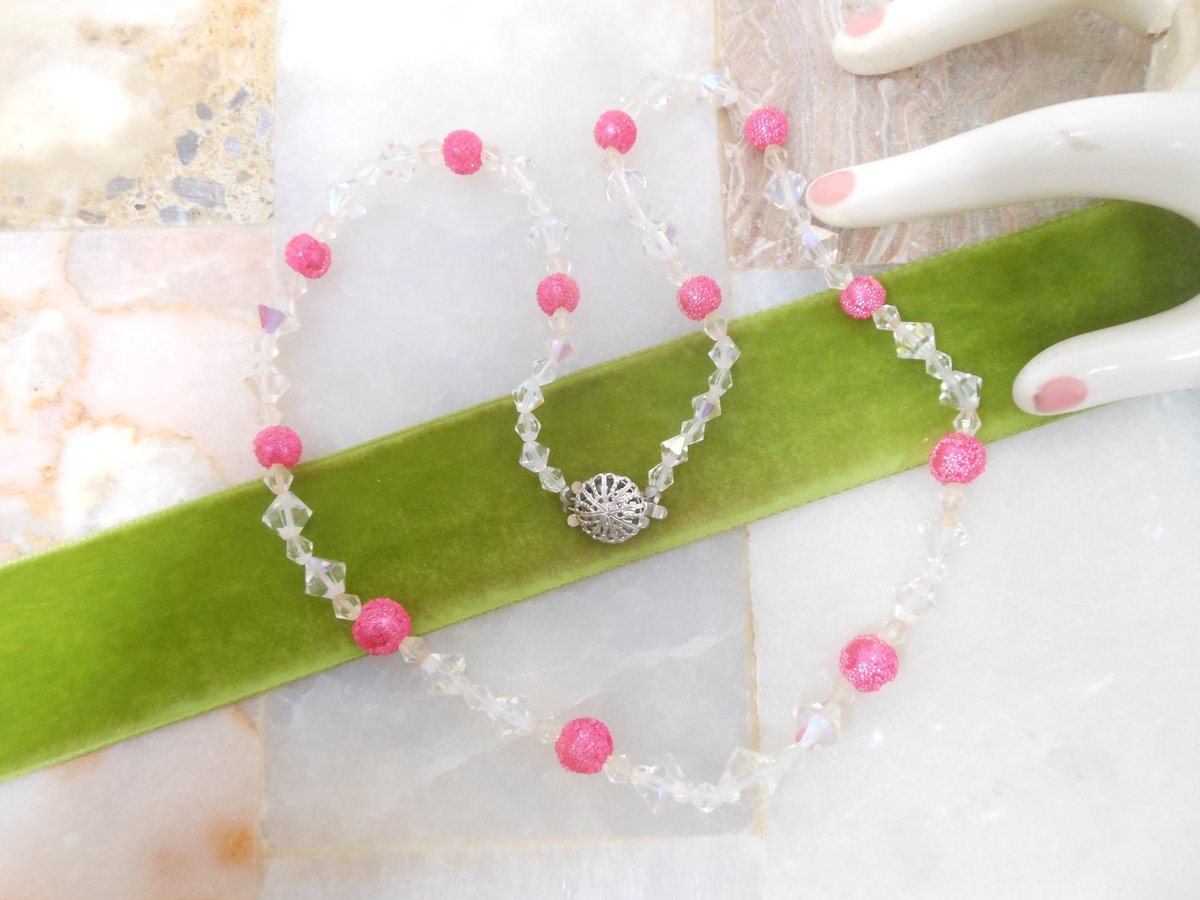 Vintage Pink Bead Crystal Necklace Sugar Bicone Aurora Borealis Mid Century Jewelry Gift, VivianJoel.com