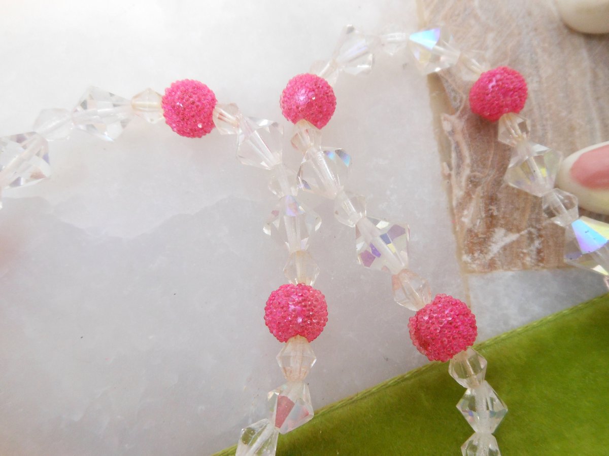 Vintage Pink Bead Crystal Necklace Sugar Bicone Aurora Borealis Mid Century Jewelry Gift, VivianJoel.com