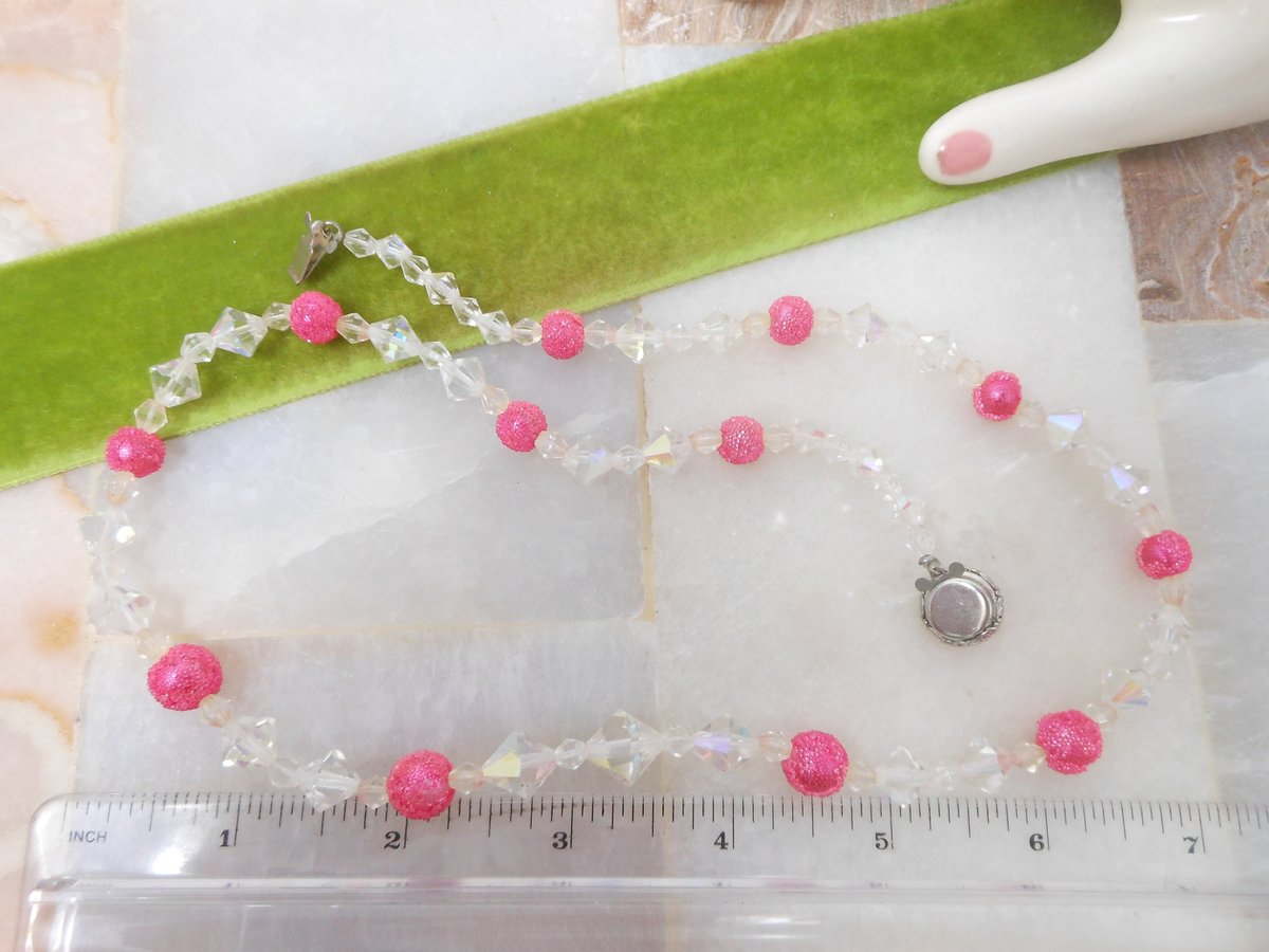 Vintage Pink Bead Crystal Necklace Sugar Bicone Aurora Borealis Mid Century Jewelry Gift, VivianJoel.com