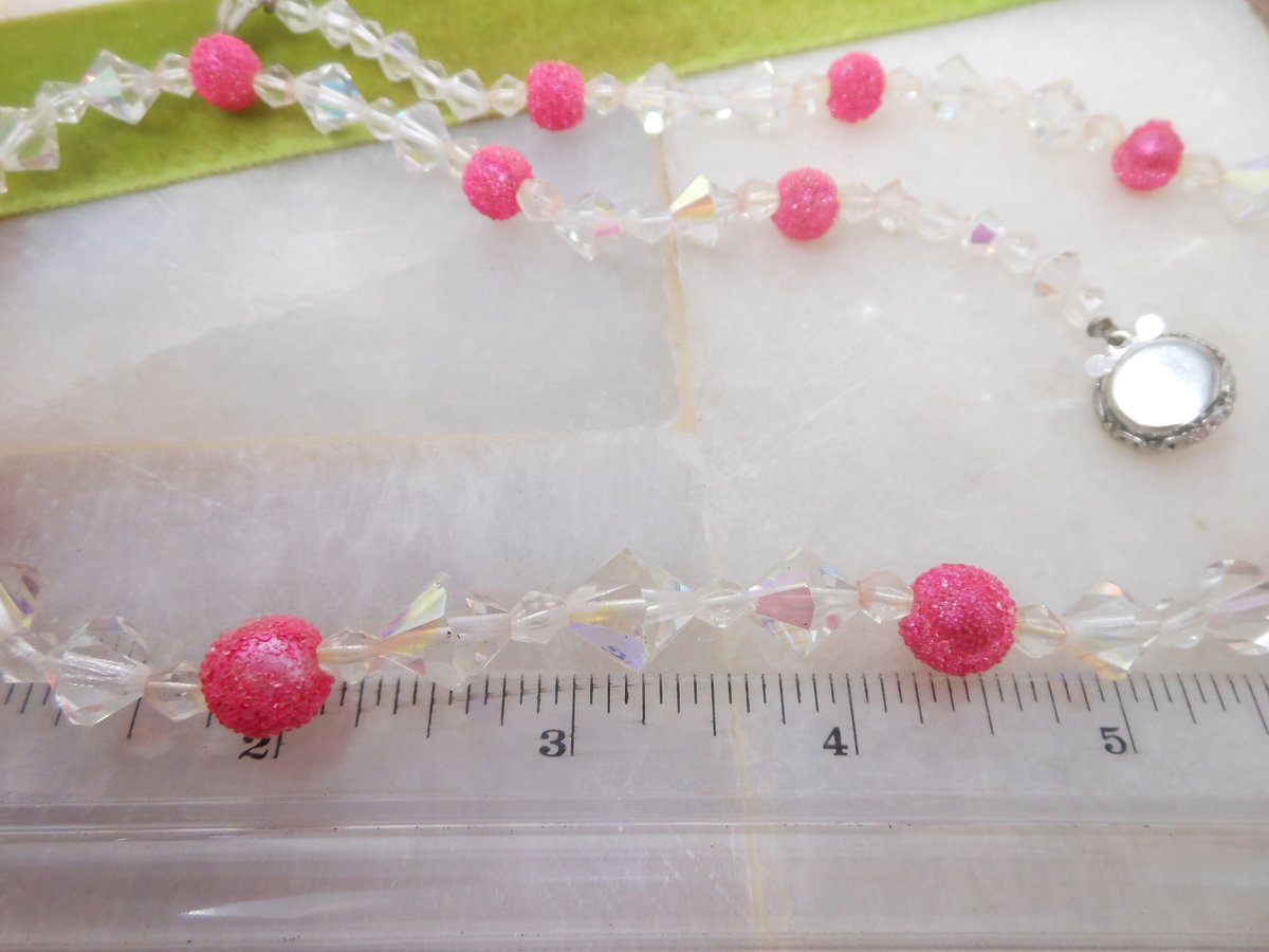 Vintage Pink Bead Crystal Necklace Sugar Bicone Aurora Borealis Mid Century Jewelry Gift, VivianJoel.com