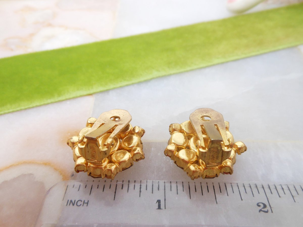 Vintage AUSTRIA Earrings Clip On Green Orange Crystal Rhinestone Flower Jewelry Gift Mid Century Designer, VivianJoel.com