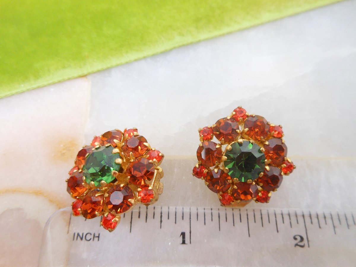 Vintage AUSTRIA Earrings Clip On Green Orange Crystal Rhinestone Flower Jewelry Gift Mid Century Designer, VivianJoel.com