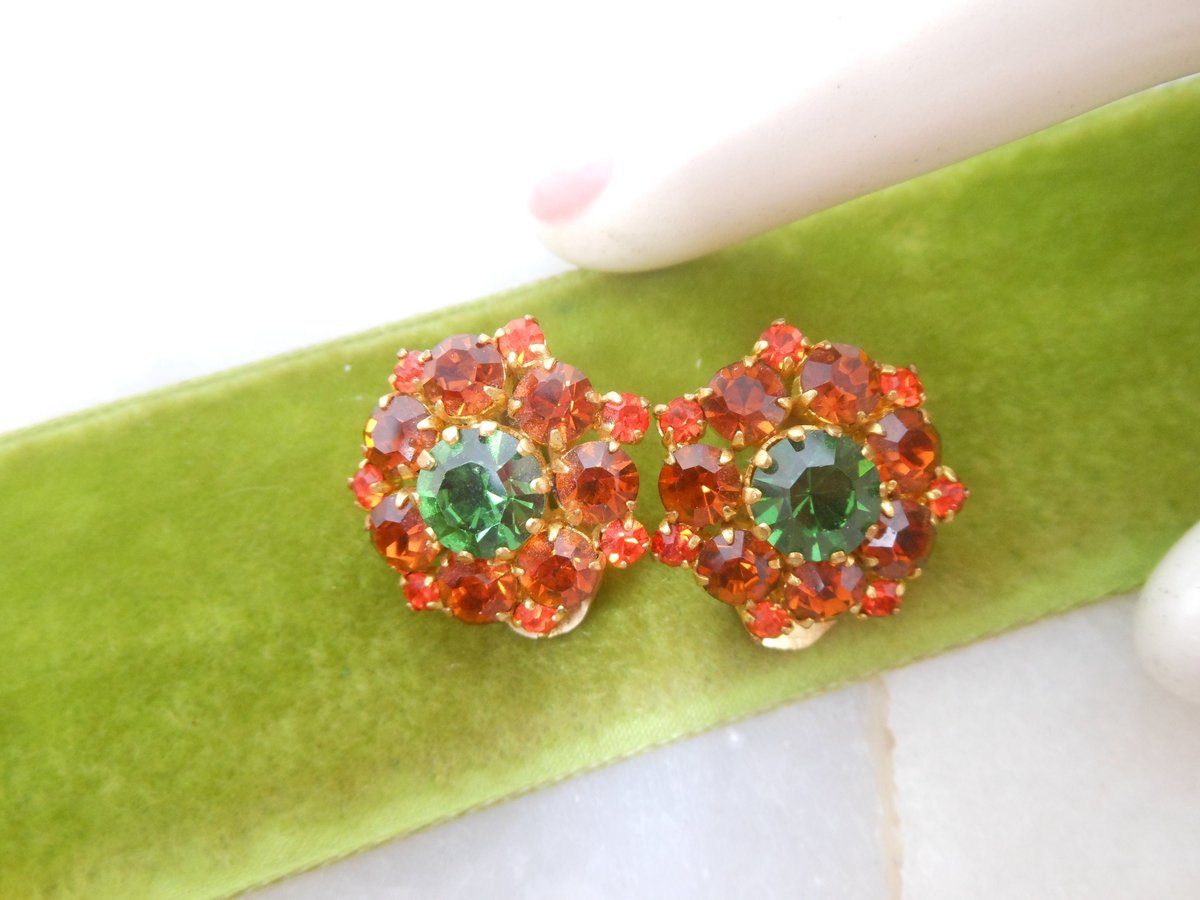 Vintage AUSTRIA Earrings Clip On Green Orange Crystal Rhinestone Flower Jewelry Gift Mid Century Designer, VivianJoel.com
