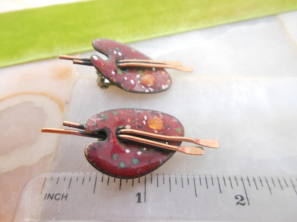 Vintage MATISSE RENOIR Enamel Copper Painter Palette Brooch Earrings Set Modernist Artisan Pin Red Jewelry Mid Century Gift,  VivianJoel.com