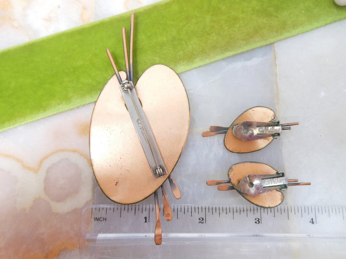 Vintage MATISSE RENOIR Enamel Copper Painter Palette Brooch Earrings Set Modernist Artisan Pin Red Jewelry Mid Century Gift,  VivianJoel.com
