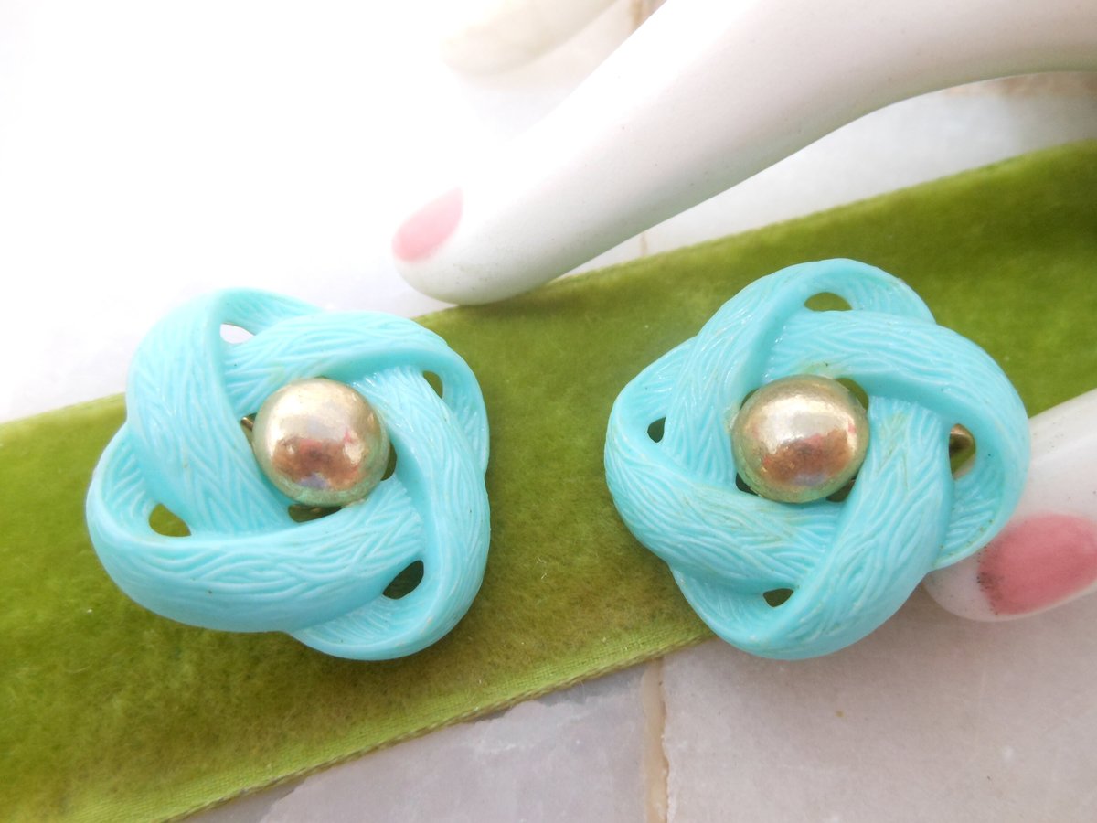 Vintage Aqua Blue Atomic Flower Earrings Plastic Clip On Retro Mod Mid Century Jewelry Gift, VivianJoel.com
