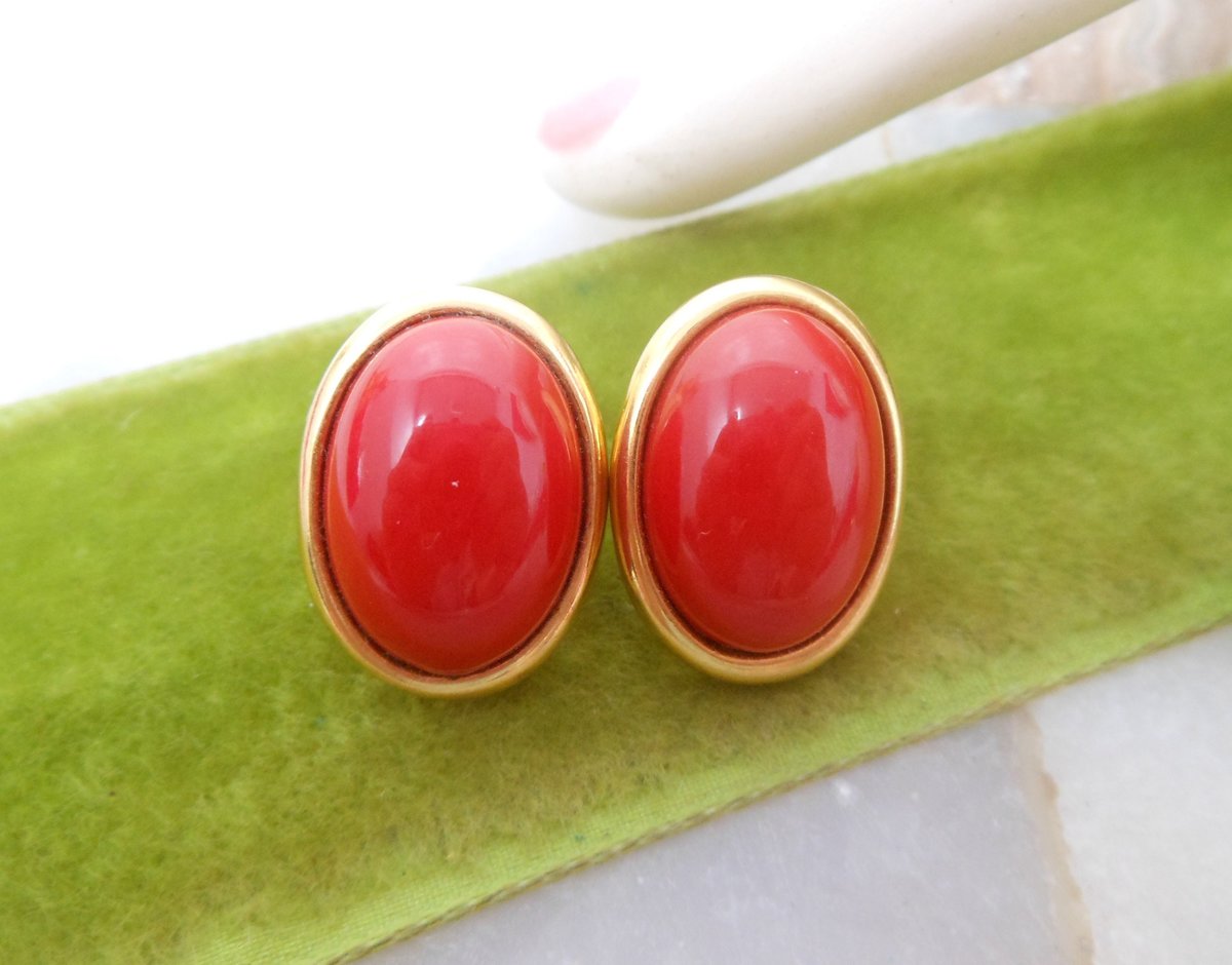 Vintage TRIFARI TM Red Lucite Earrings Pierced Post Gold Plate Modern Designer Jewelry Gift, VivianJoel.com