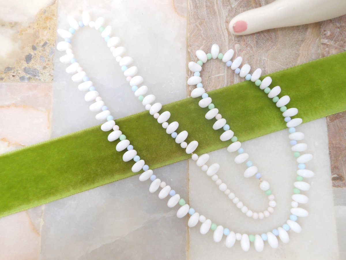 Vintage Milk Glass Bead Necklace Pastel Pink Blue Green Repurpose Reuse Restring Jewelry Mid Century Gift, VivianJoel.com