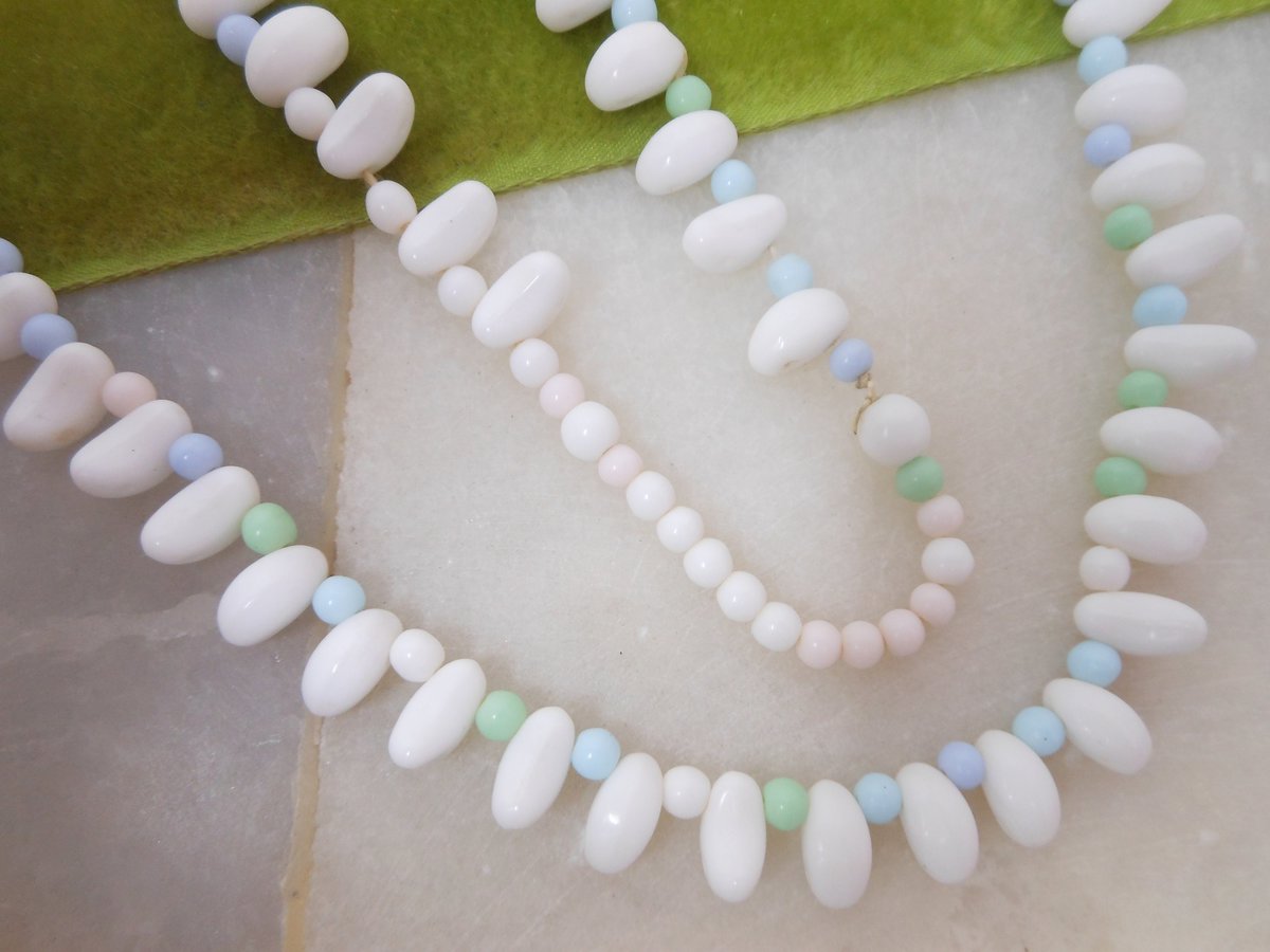 Vintage Milk Glass Bead Necklace Pastel Pink Blue Green Repurpose Reuse Restring Jewelry Mid Century Gift, VivianJoel.com