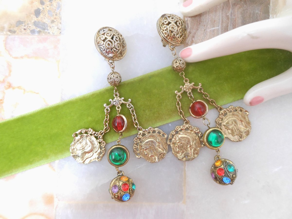 Vintage Huge Coin Moghul Earrings Clip On Drop Dangle Chandelier Chunky Fab Shoulder Duster Statement Runway Jewelry Gift, VivianJoel.com