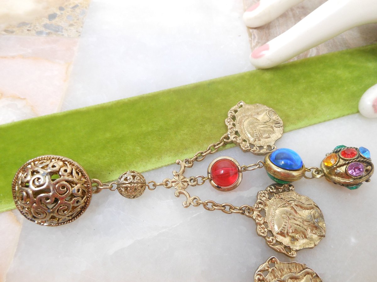 Vintage Huge Coin Moghul Earrings Clip On Drop Dangle Chandelier Chunky Fab Shoulder Duster Statement Runway Jewelry Gift, VivianJoel.com