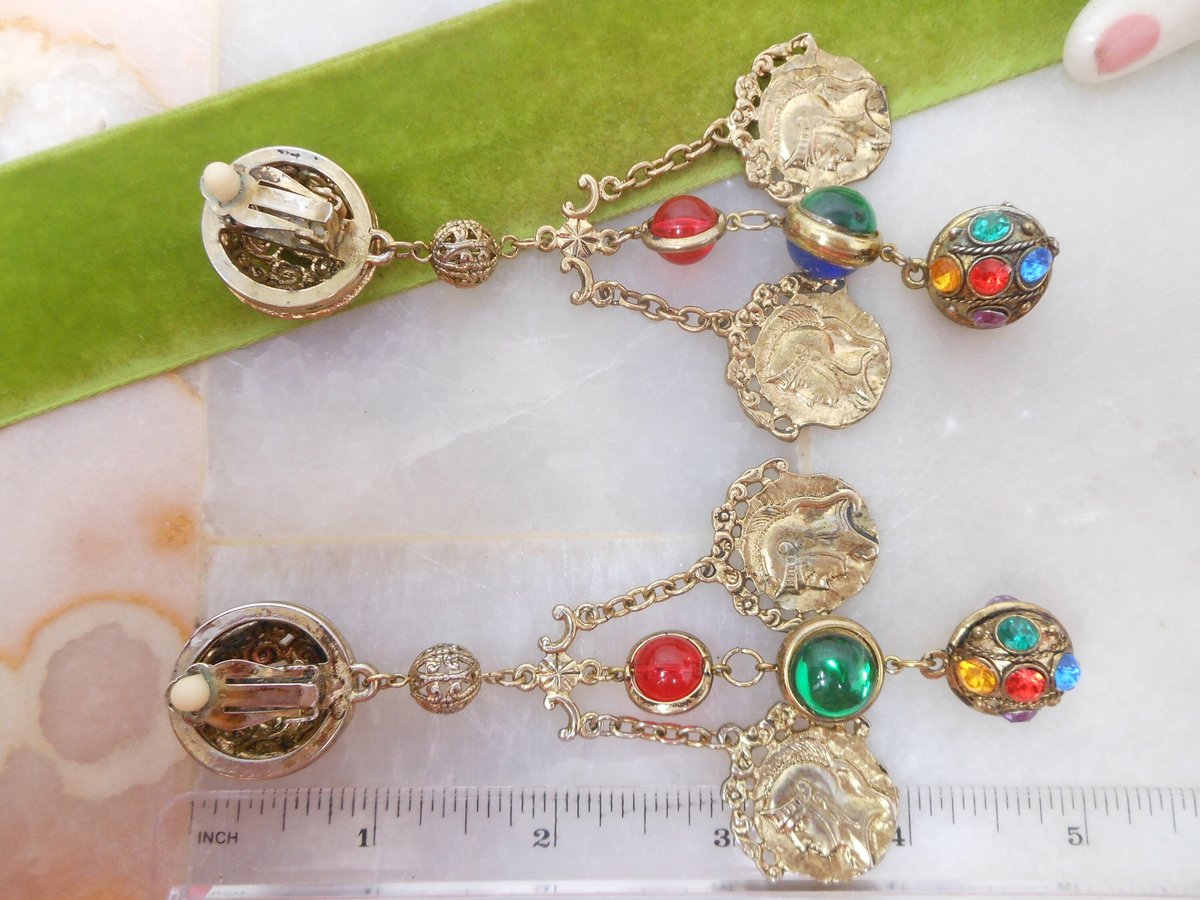 Vintage Huge Coin Moghul Earrings Clip On Drop Dangle Chandelier Chunky Fab Shoulder Duster Statement Runway Jewelry Gift, VivianJoel.com