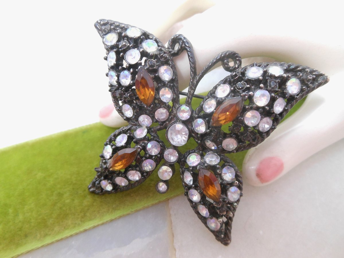 Vintage Big Butterfly Brooch Moth Pin Rhinestone Black Goth Figural Insect Jewelry Gift, VivianJoel.com