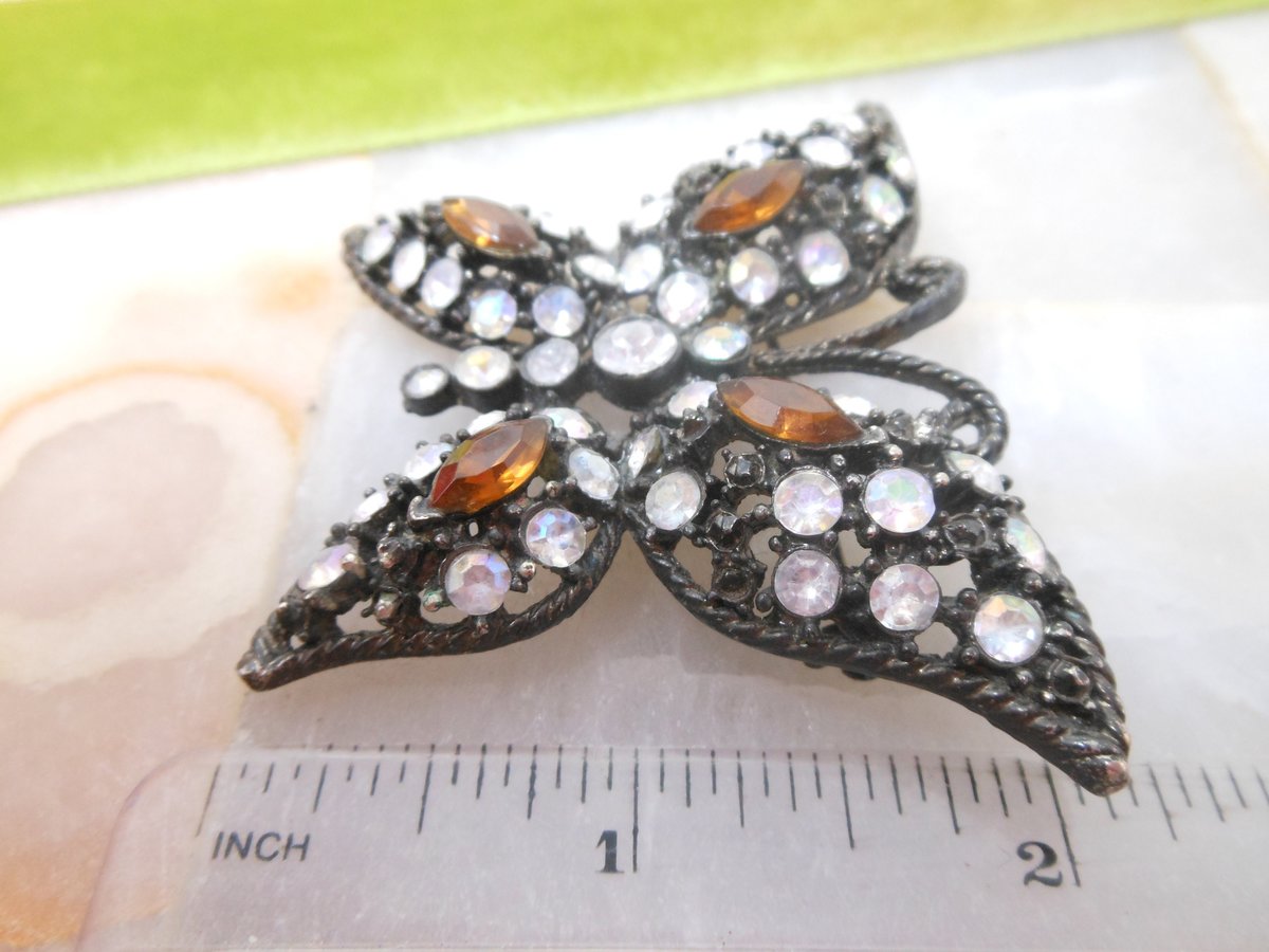 Vintage Big Butterfly Brooch Moth Pin Rhinestone Black Goth Figural Insect Jewelry Gift, VivianJoel.com