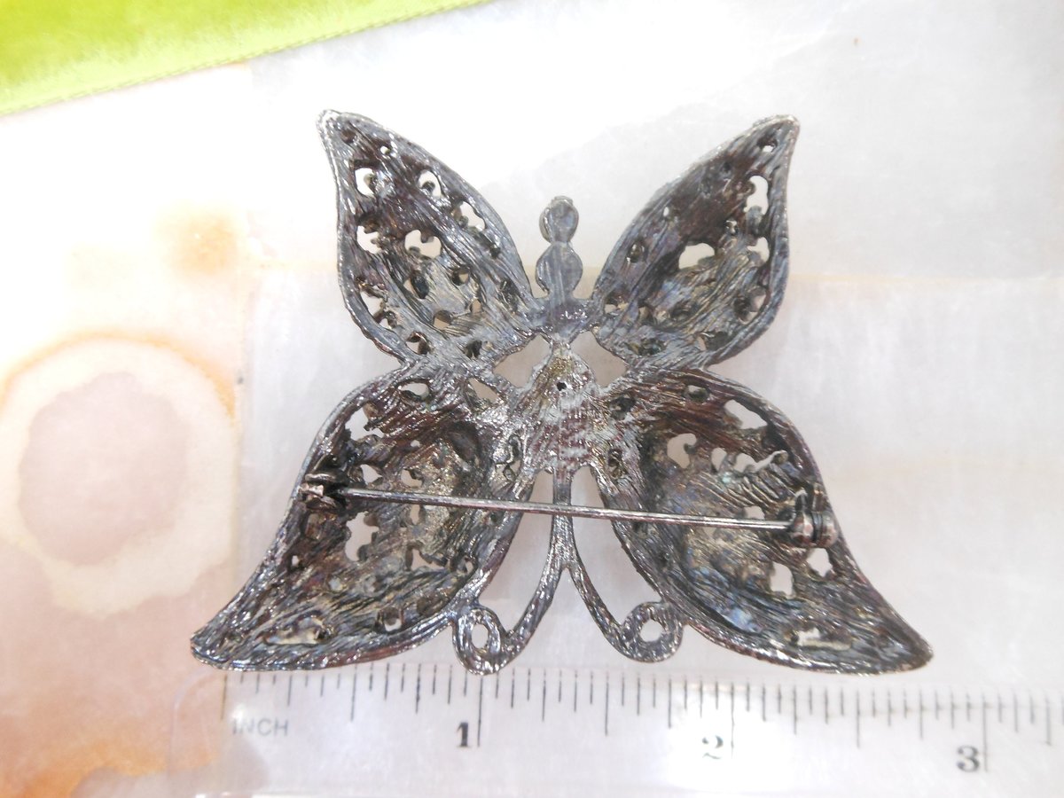 Vintage Big Butterfly Brooch Moth Pin Rhinestone Black Goth Figural Insect Jewelry Gift, VivianJoel.com