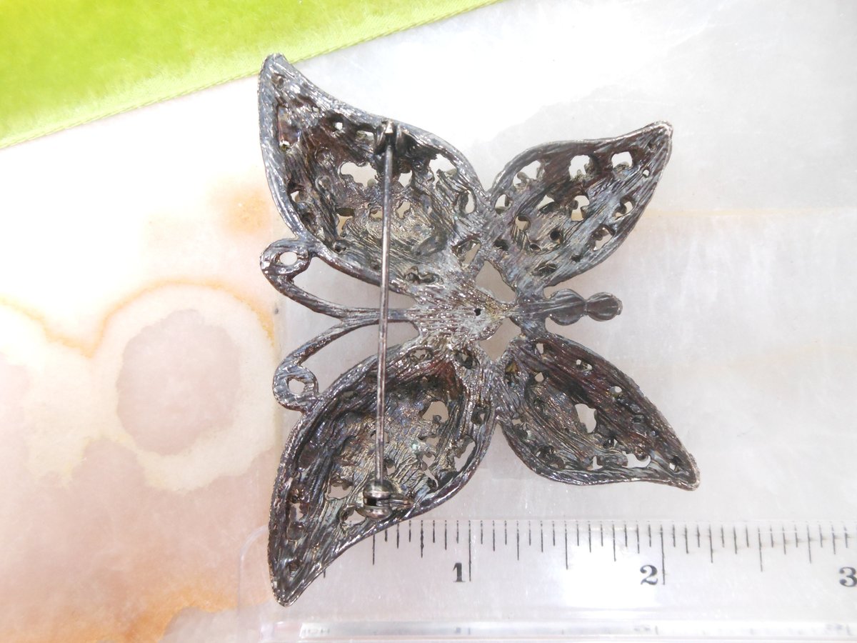 Vintage Big Butterfly Brooch Moth Pin Rhinestone Black Goth Figural Insect Jewelry Gift, VivianJoel.com