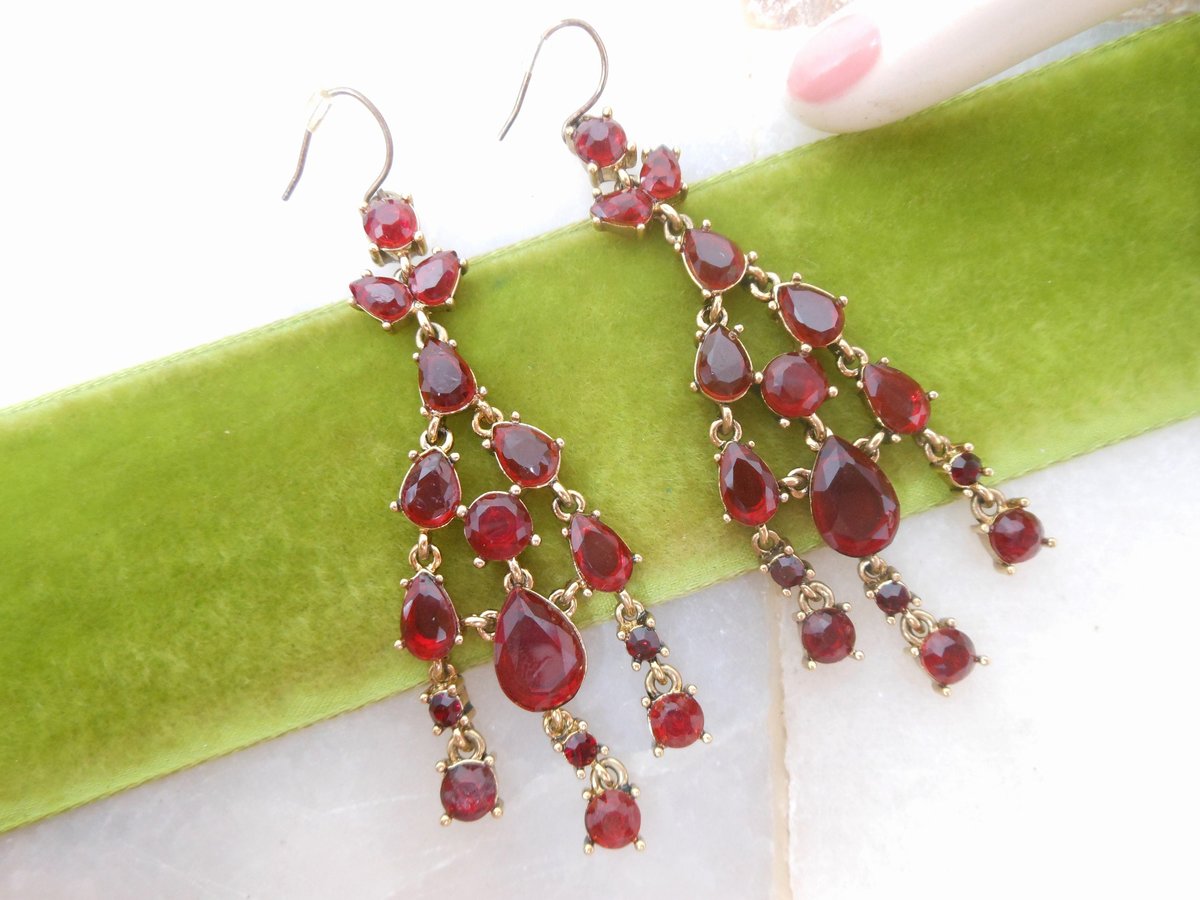 Vintage MONET Runway Designer Earrings Red Crystal Rhinestone Dangle Drop Chandelier Statement Designer Jewelry Gift, VivianJoel.com