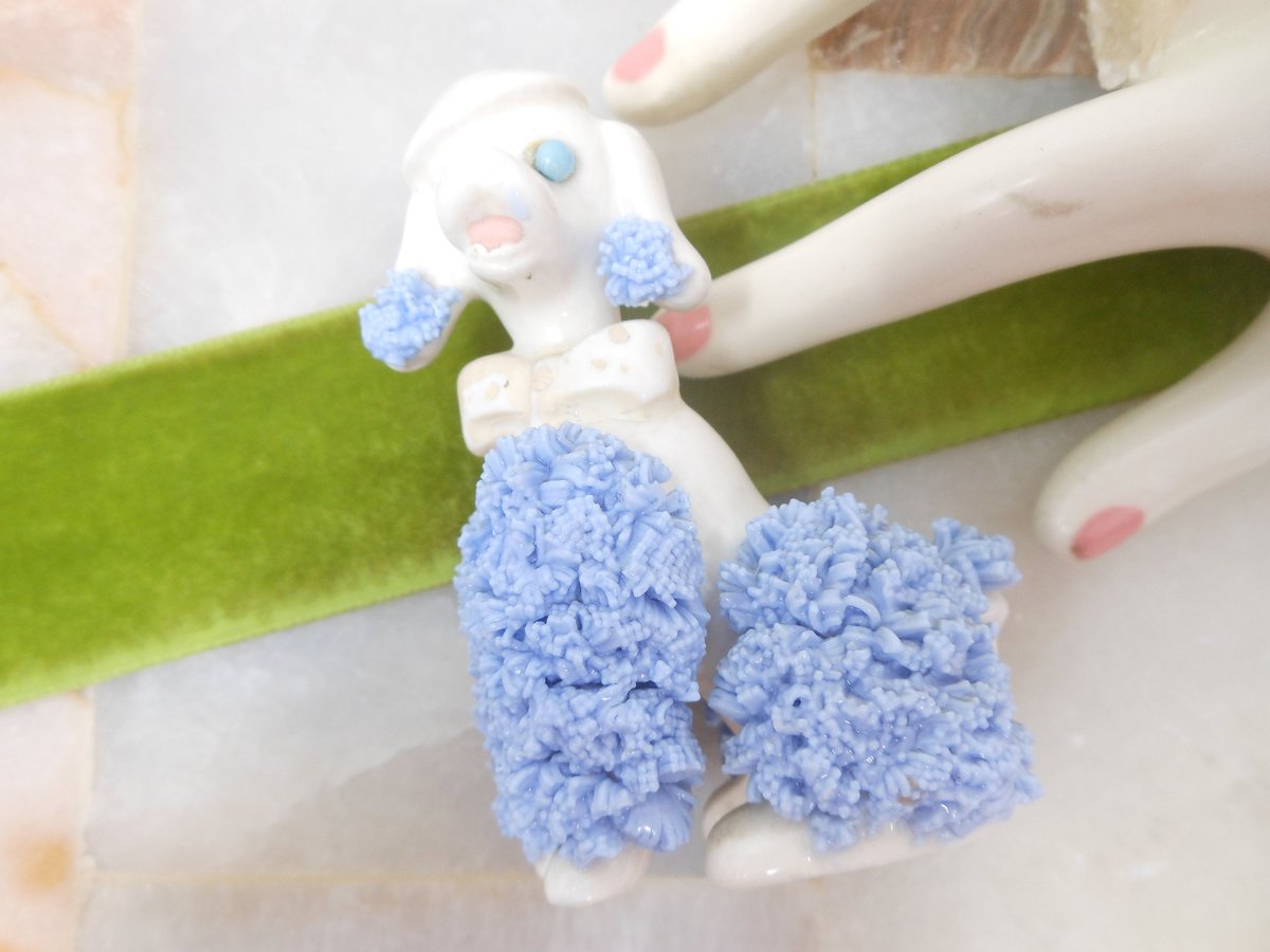 Vintage Blue Spaghetti Poodle Ceramic Porcelain Bow Tie Beret Dog Figural Anthropomorphic Figurine Mid Century Gift, VivianJoel.com