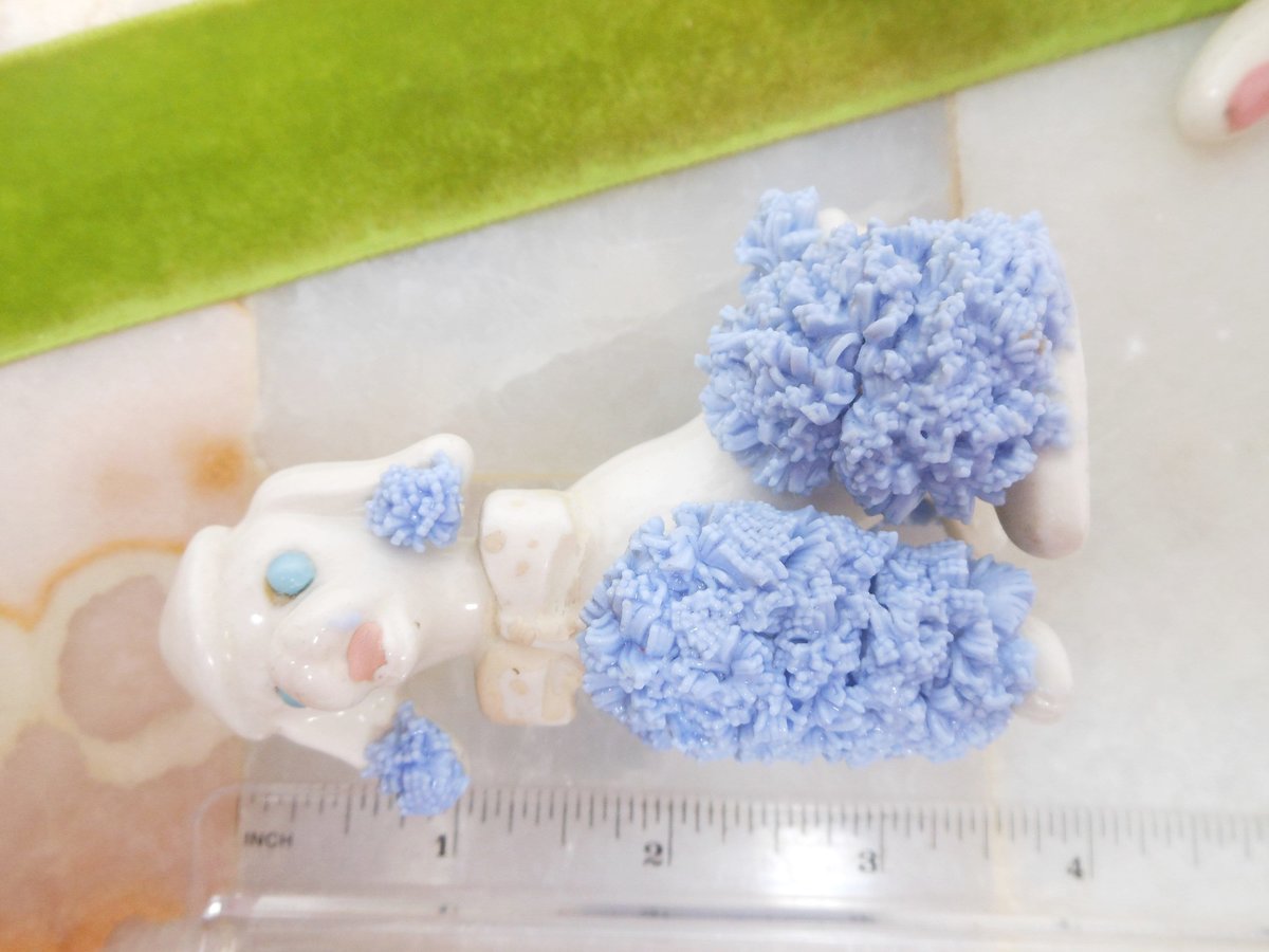 Vintage Blue Spaghetti Poodle Ceramic Porcelain Bow Tie Beret Dog Figural Anthropomorphic Figurine Mid Century Gift, VivianJoel.com