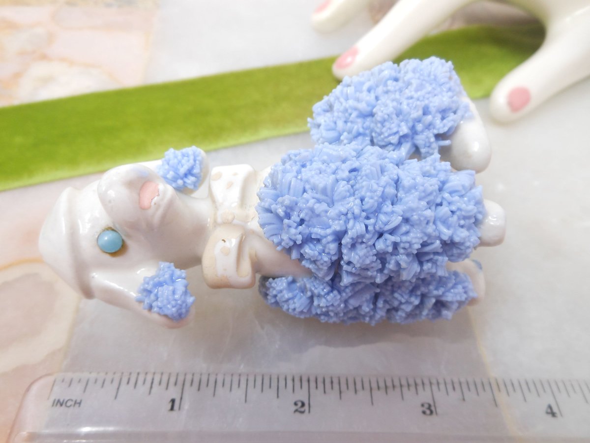 Vintage Blue Spaghetti Poodle Ceramic Porcelain Bow Tie Beret Dog Figural Anthropomorphic Figurine Mid Century Gift, VivianJoel.com
