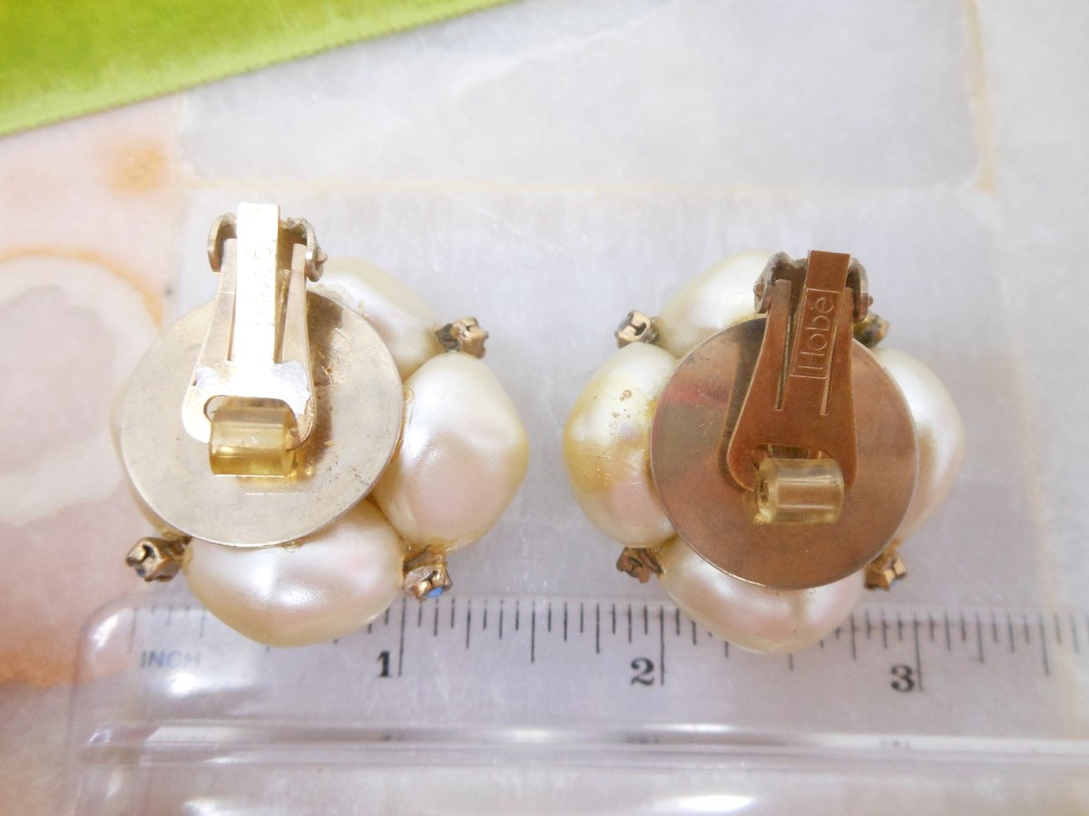 Vintage HOBE Designer Earrings Chunky Clip On Big Faux Pearl Aurora Borealis Rhinestone Mid Century Jewelry, VivianJoel.com