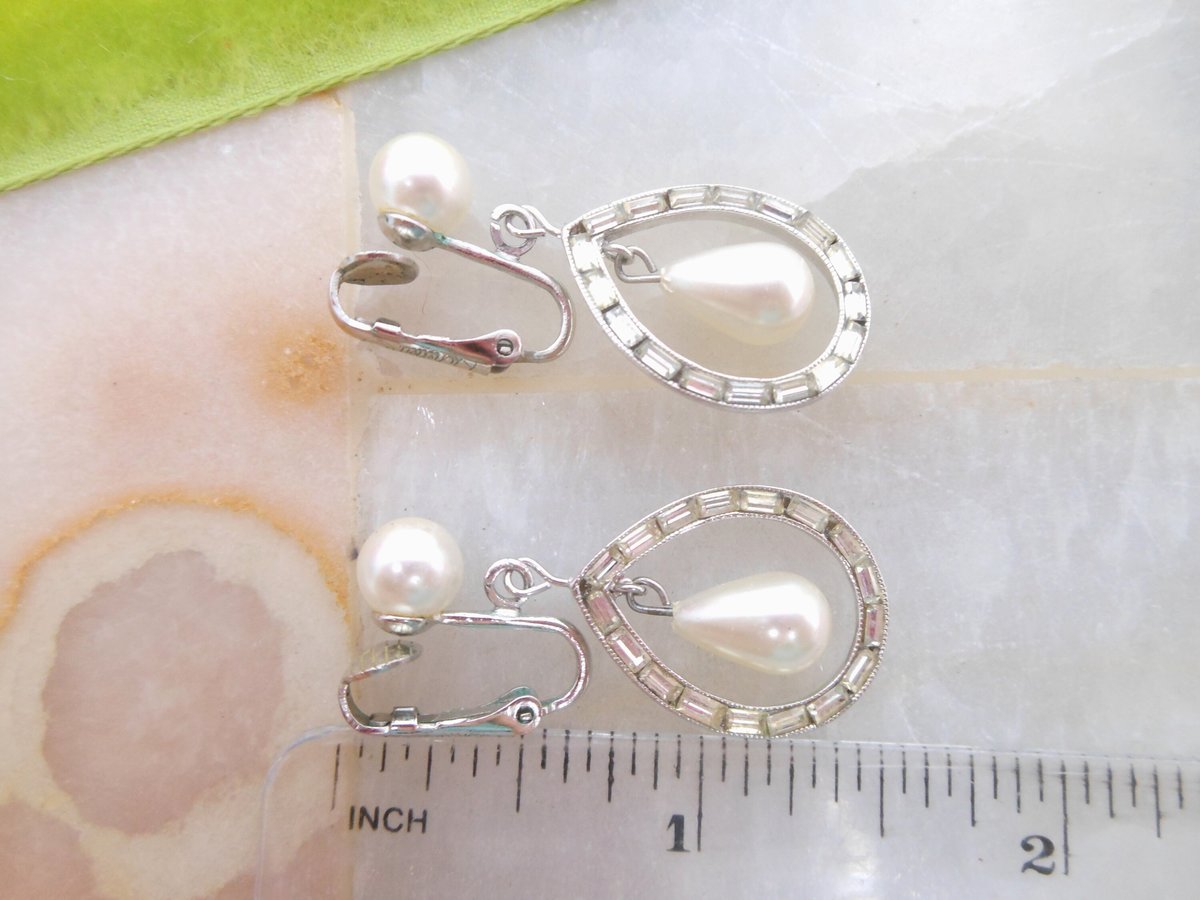Vintage RICHELIEU Earrings Designer Rhinestone Dangle Drop Faux Pearl Art Deco Style Wedding Bride Mid Century Jewelry Gift, VivianJoel.com