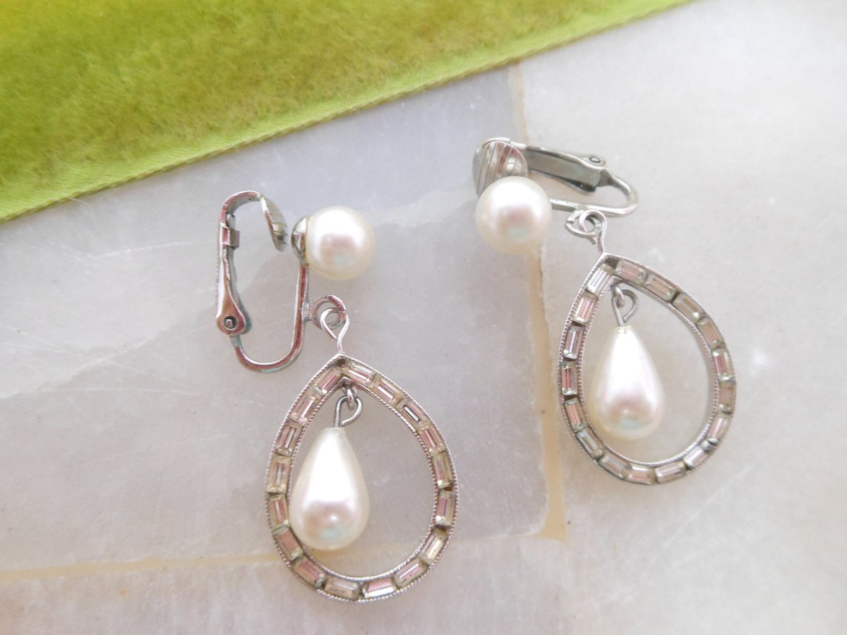 Vintage RICHELIEU Earrings Designer Rhinestone Dangle Drop Faux Pearl Art Deco Style Wedding Bride Mid Century Jewelry Gift, VivianJoel.com