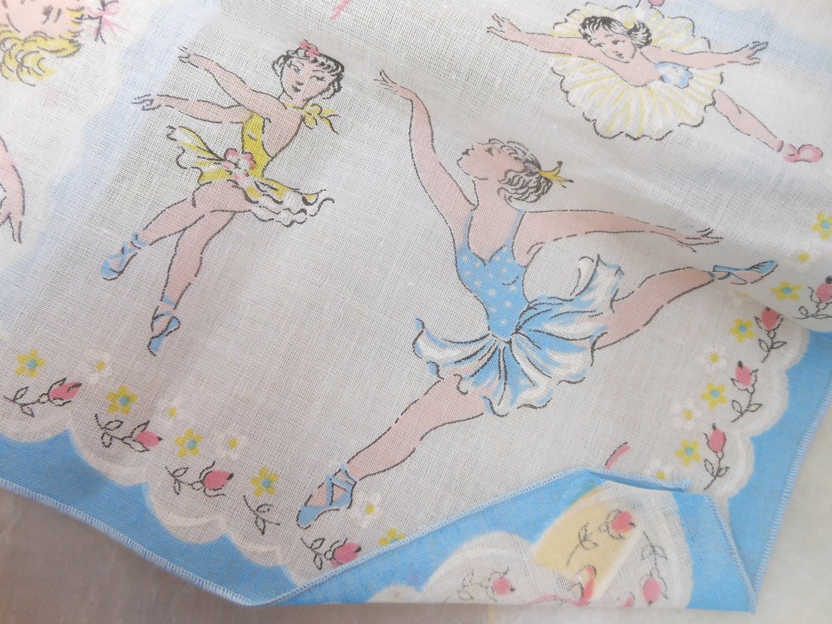 Vintage Child Hanky 100% Cotton Handkerchief Ballerina Pink Blue 50s Graphics Never Used Mid Century Gift, VivianJoel.com