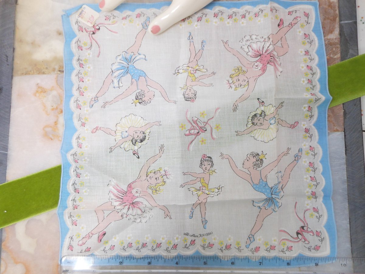 Vintage Child Hanky 100% Cotton Handkerchief Ballerina Pink Blue 50s Graphics Never Used Mid Century Gift, VivianJoel.com