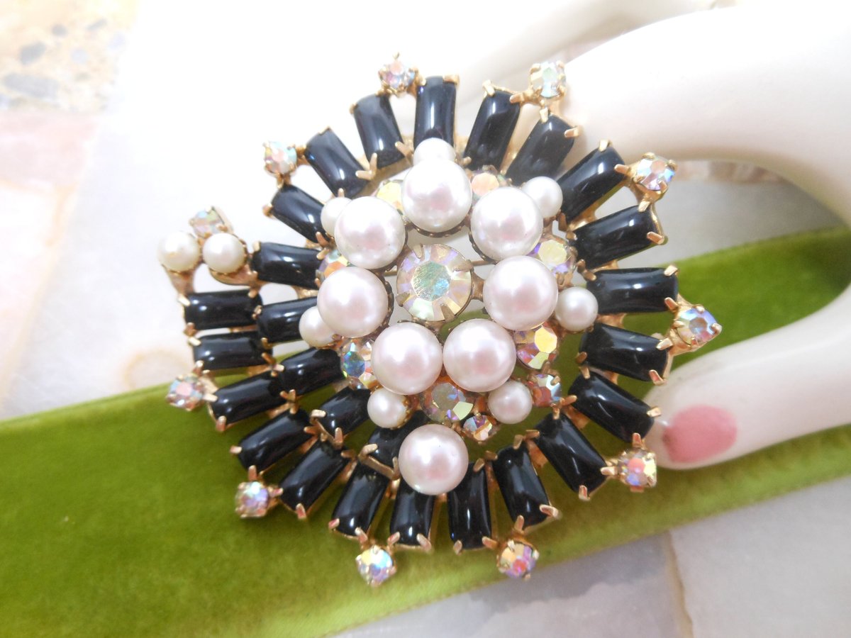 Vintage Galaxy Pin Brooch Rhinestone Crystal Black Milk Glass Atomic Pearl Comet Swirl Pinwheel Flower Mid Century Jewelry, VivianJoel.com