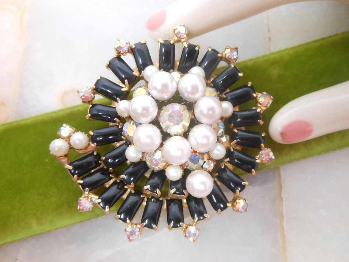 Vintage Galaxy Pin Brooch Rhinestone Crystal Black Milk Glass Atomic Pearl Comet Swirl Pinwheel Flower Mid Century Jewelry, VivianJoel.com