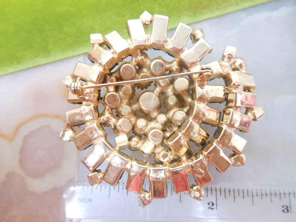 Vintage Galaxy Pin Brooch Rhinestone Crystal Black Milk Glass Atomic Pearl Comet Swirl Pinwheel Flower Mid Century Jewelry, VivianJoel.com