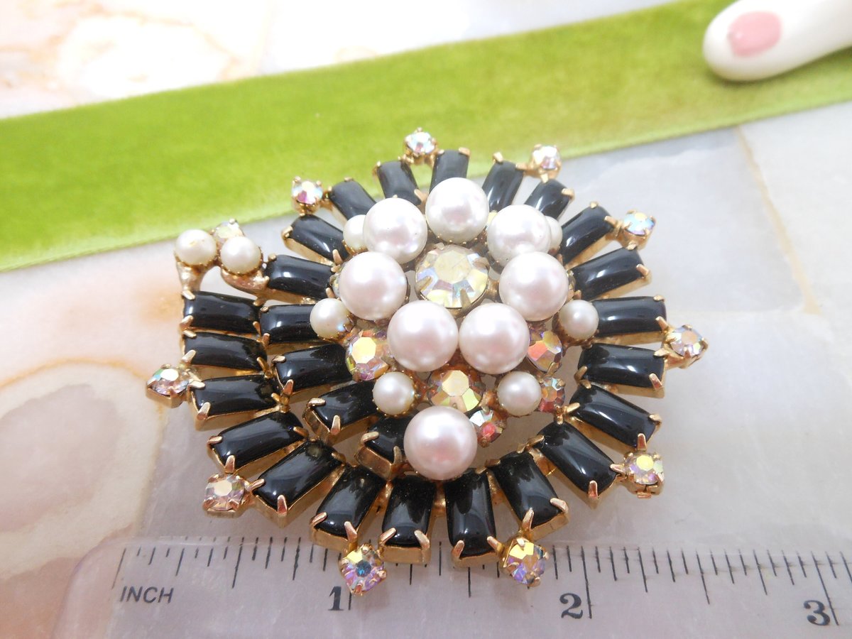 Vintage Galaxy Pin Brooch Rhinestone Crystal Black Milk Glass Atomic Pearl Comet Swirl Pinwheel Flower Mid Century Jewelry, VivianJoel.com