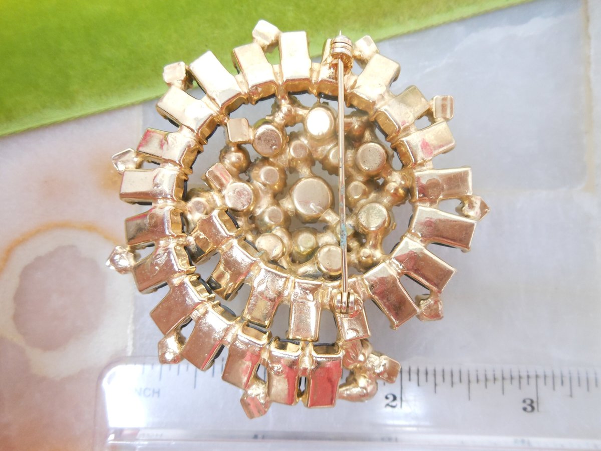 Vintage Galaxy Pin Brooch Rhinestone Crystal Black Milk Glass Atomic Pearl Comet Swirl Pinwheel Flower Mid Century Jewelry, VivianJoel.com