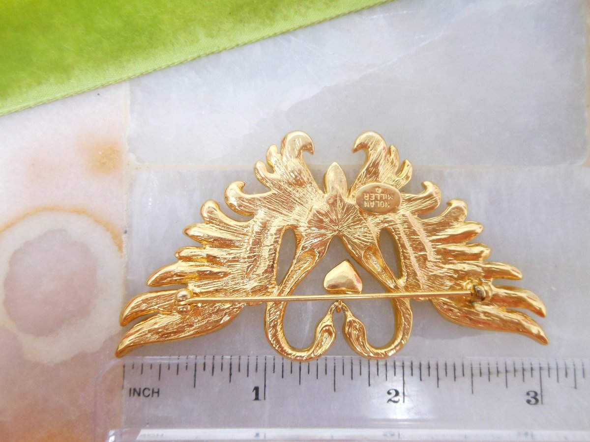 Vintage NOLAN MILLER Brooch Double Swan Pave Crystal Rhinestone Heart Pin Designer Valentine Love Jewelry Gift, VivianJoel.com