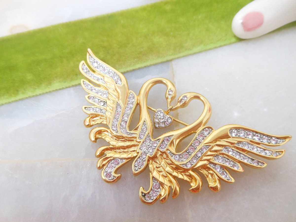 Vintage NOLAN MILLER Brooch Double Swan Pave Crystal Rhinestone Heart Pin Designer Valentine Love Jewelry Gift, VivianJoel.com