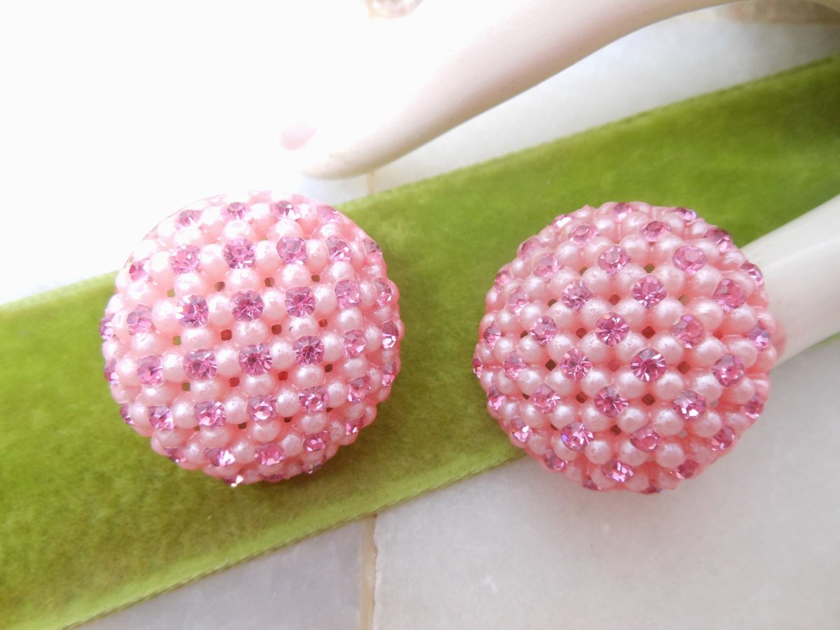 Vintage Pink Rhinestone Earrings Clip On Plastic Dome Retro Kitsch Mid Century Jewelry Gift, VivianJoel.com