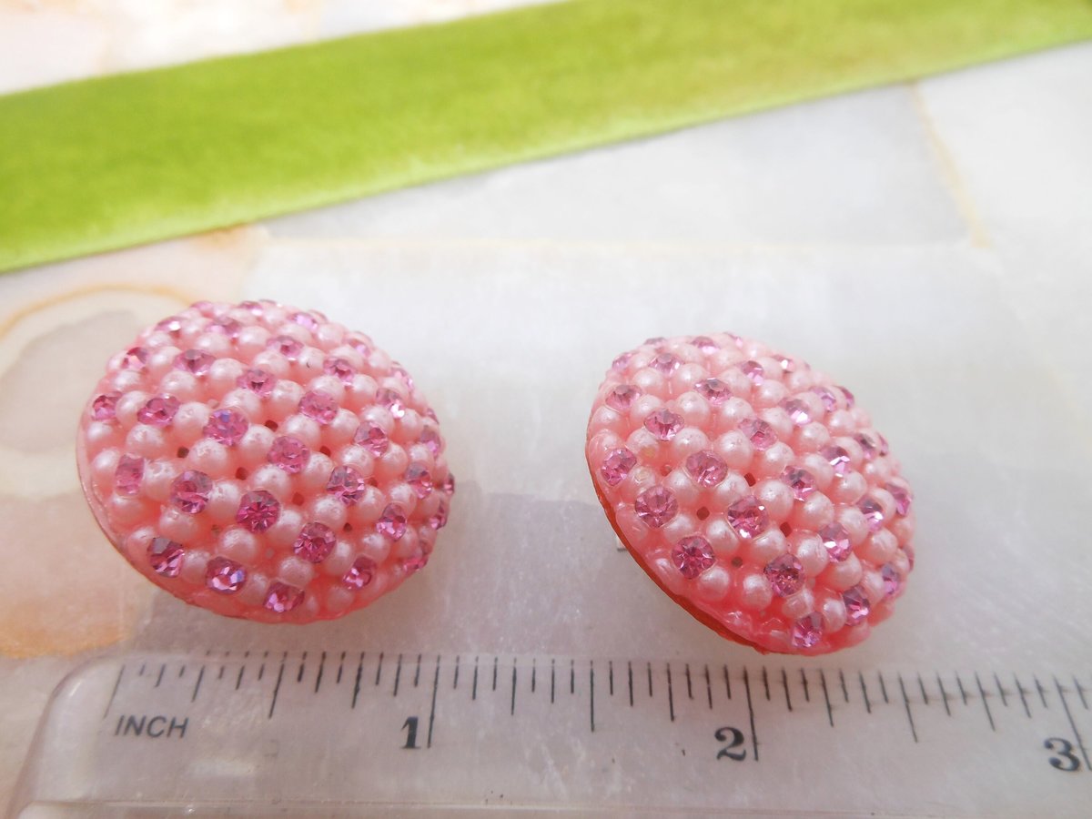 Vintage Pink Rhinestone Earrings Clip On Plastic Dome Retro Kitsch Mid Century Jewelry Gift, VivianJoel.com